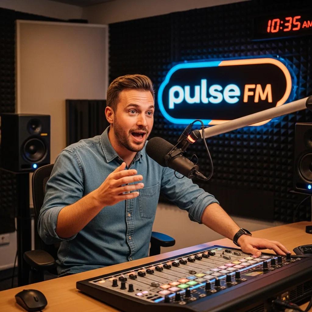Radio presenter speaking into a microphone in a professional studio