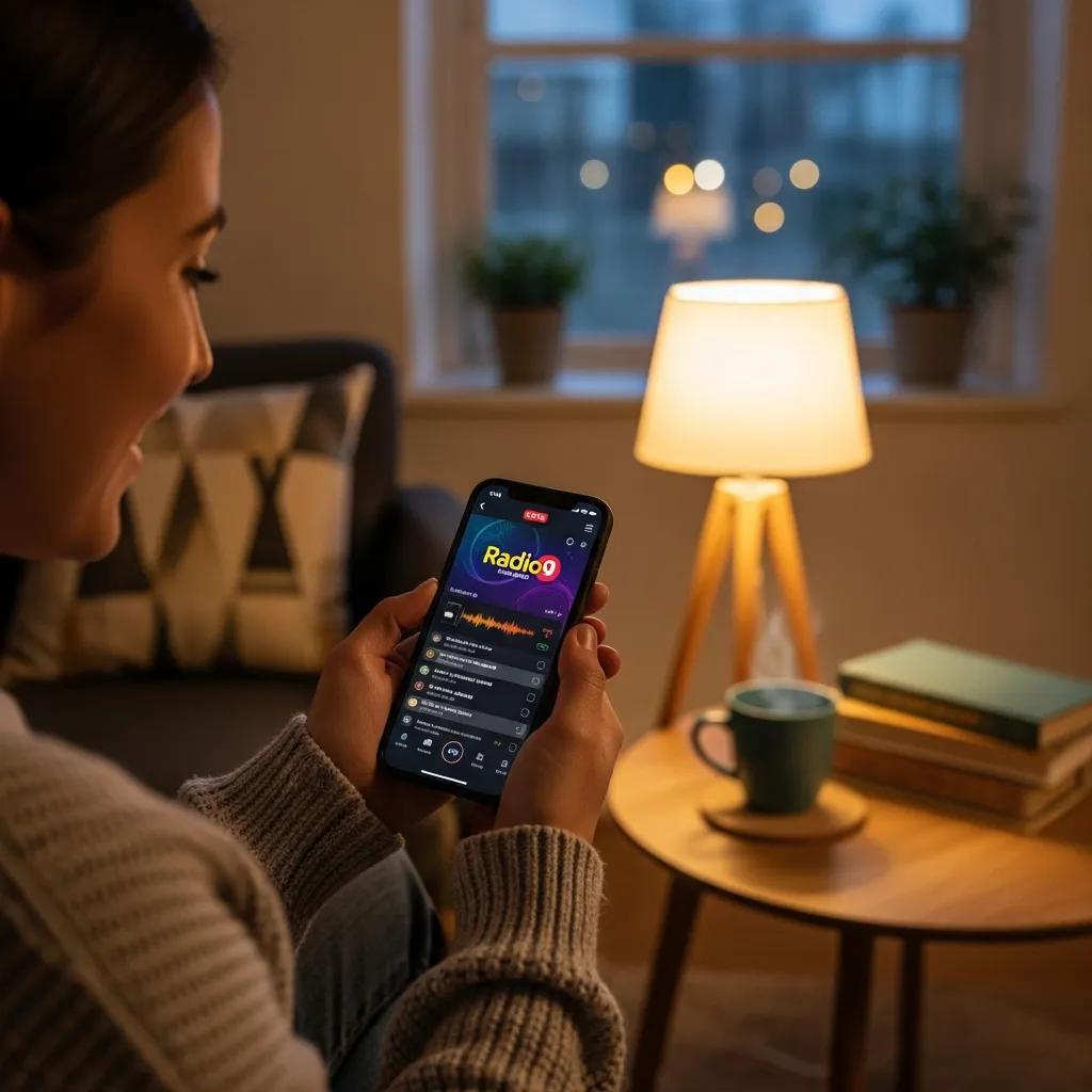 Person streaming live radio on a smartphone in a cozy home setting