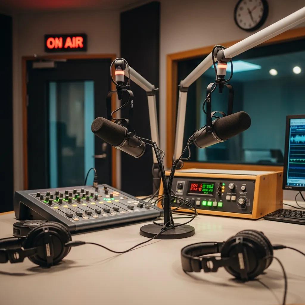 Radio studio setup with microphones and sound equipment for live broadcasts